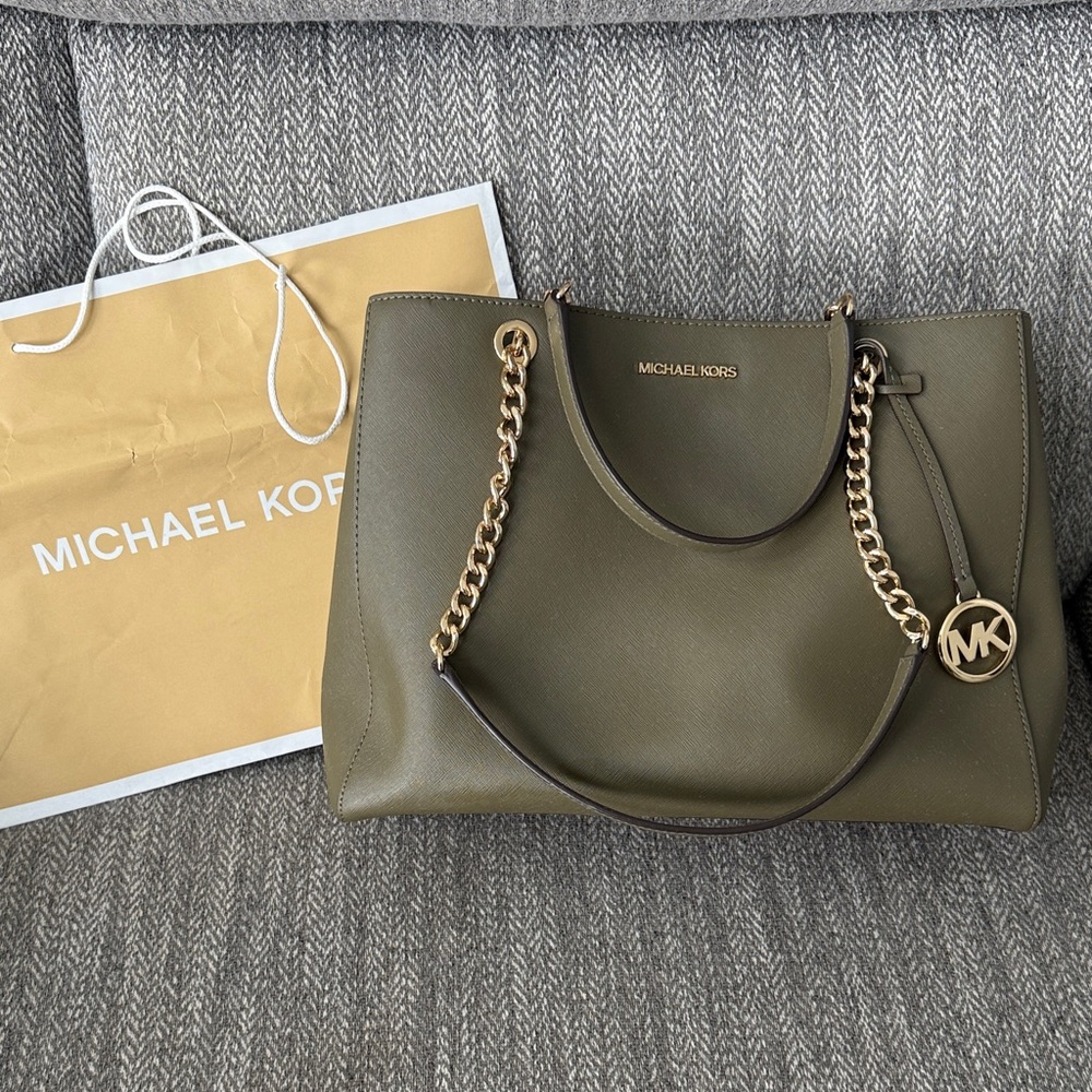 Michael Kors Olive Green Triple Shoulder Bag with Gold Accents